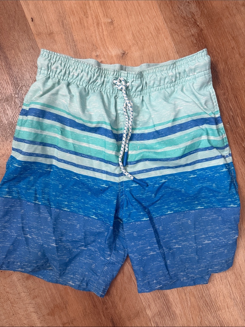 Cat & Jack Swim Trunks Board Shorts Blue & Aqua Striped Adjustable Waist Size L